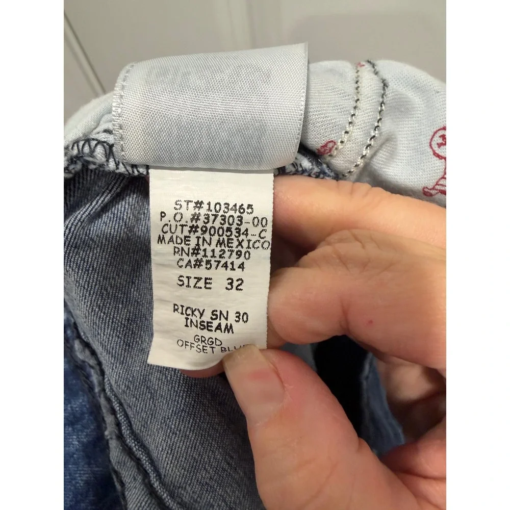 True Religion Mens Ricky Straight Leg Jeans Raw Hem Offset Blue Size 32